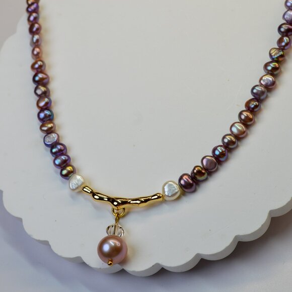 Natural Metallic Purple Pearl Necklace 18" Gold Plated Sterling Silver - Picture 5 of 10